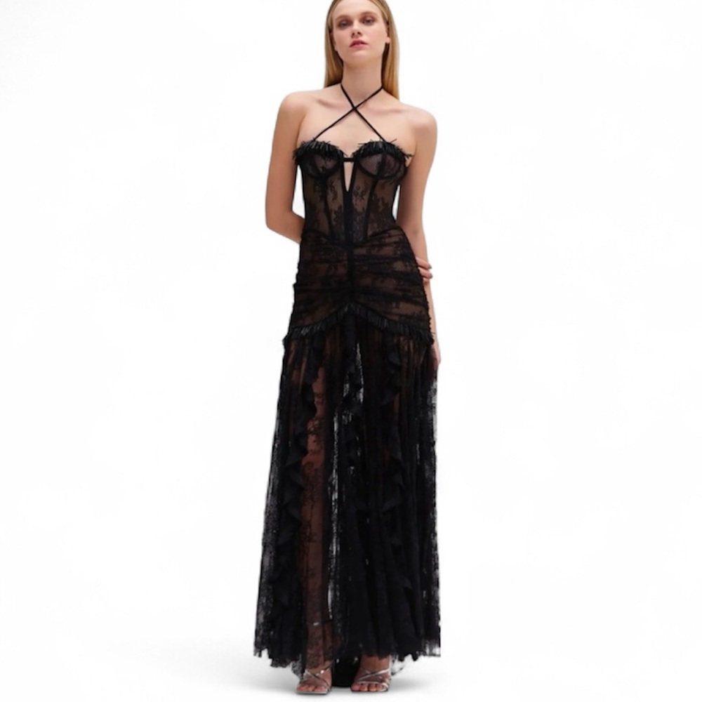 PatBO Sheer Black Lace Maxi Dress